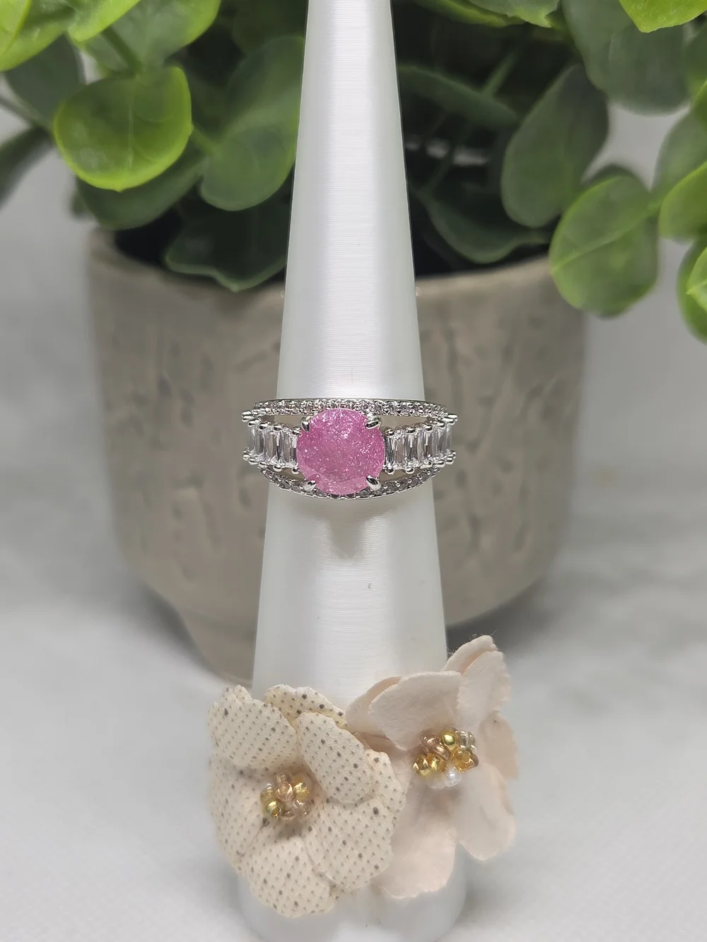 BP Pink Ice Crystal Ring On Rhodium Plating